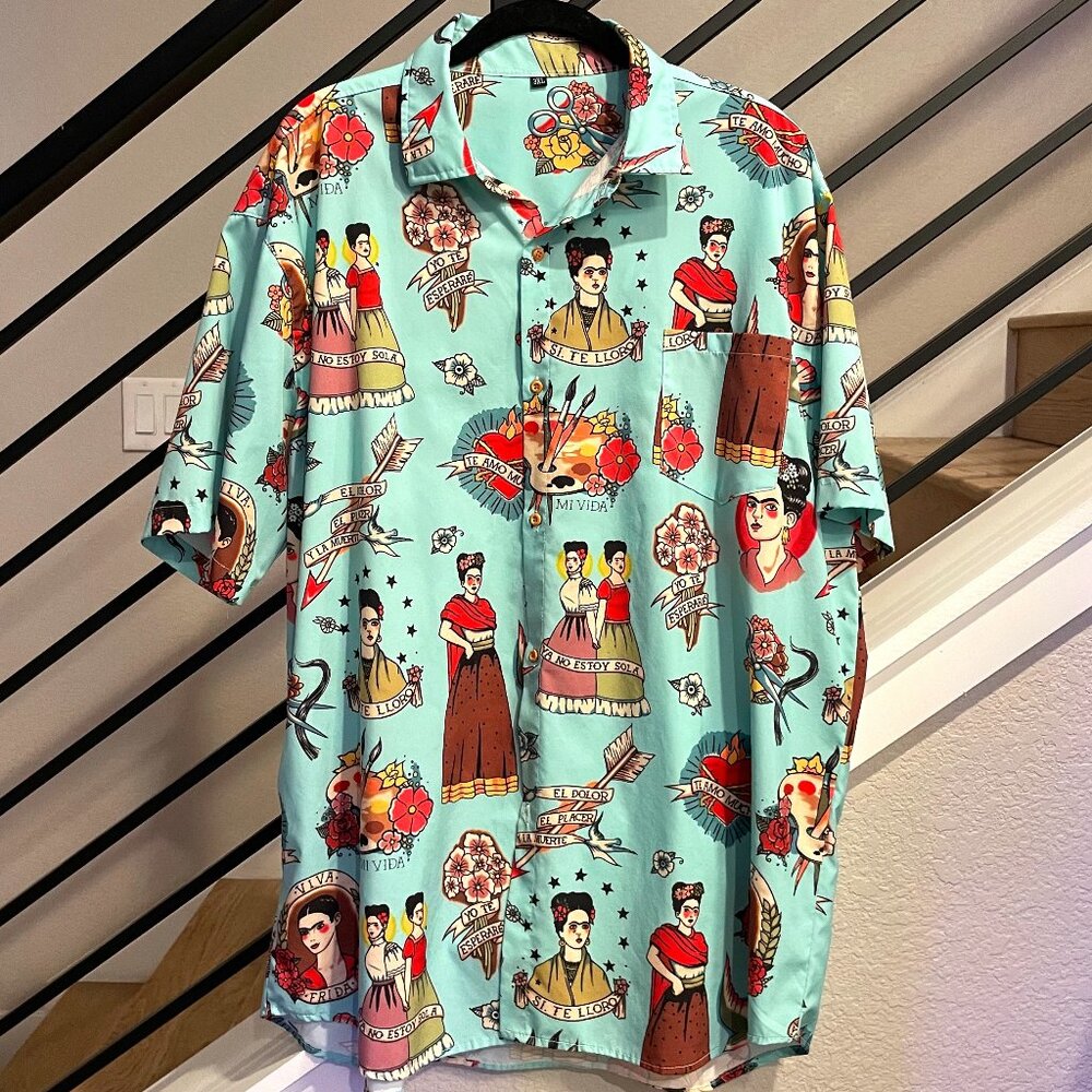 Men's Teal Frida Printed American Classic Style Shortsleeve Buttondown